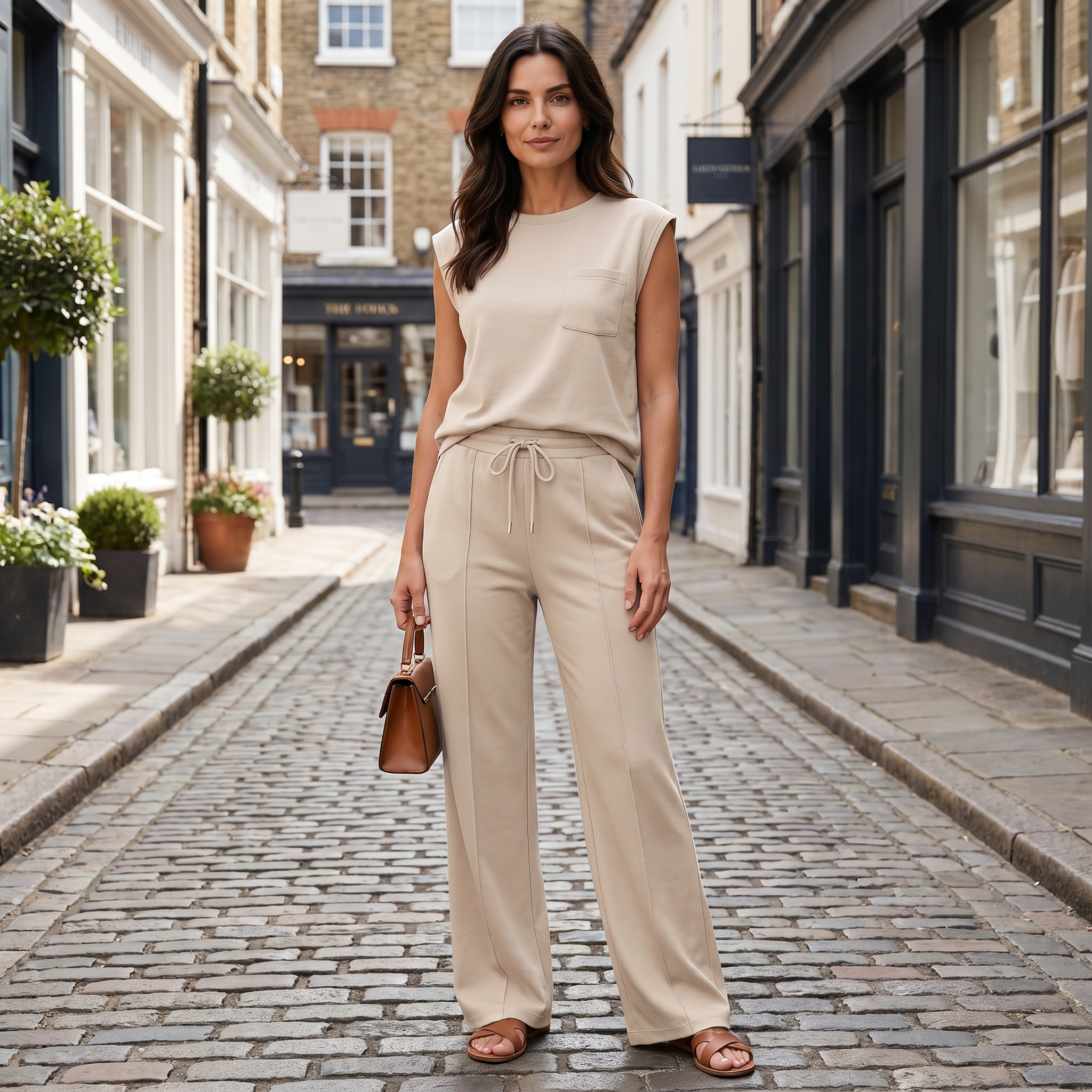 Women's apricot spandex co-ord set with sleeveless top and matching lounge trousers
