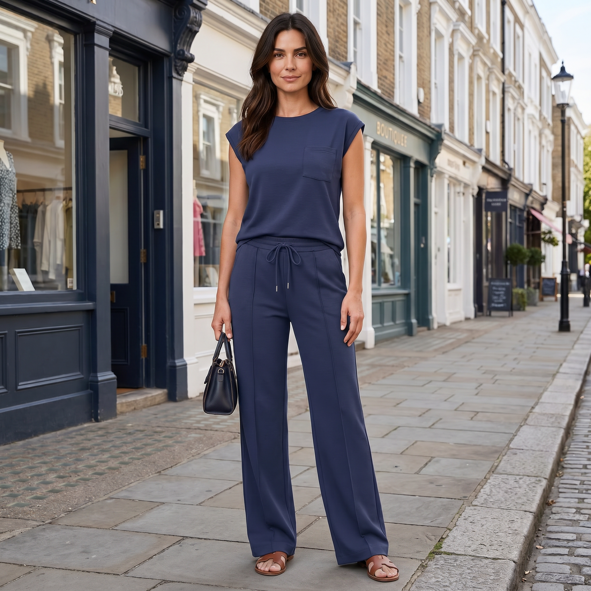 Women's dark blue spandex lounge co-ord set with sleeveless top and relaxed fit trousers