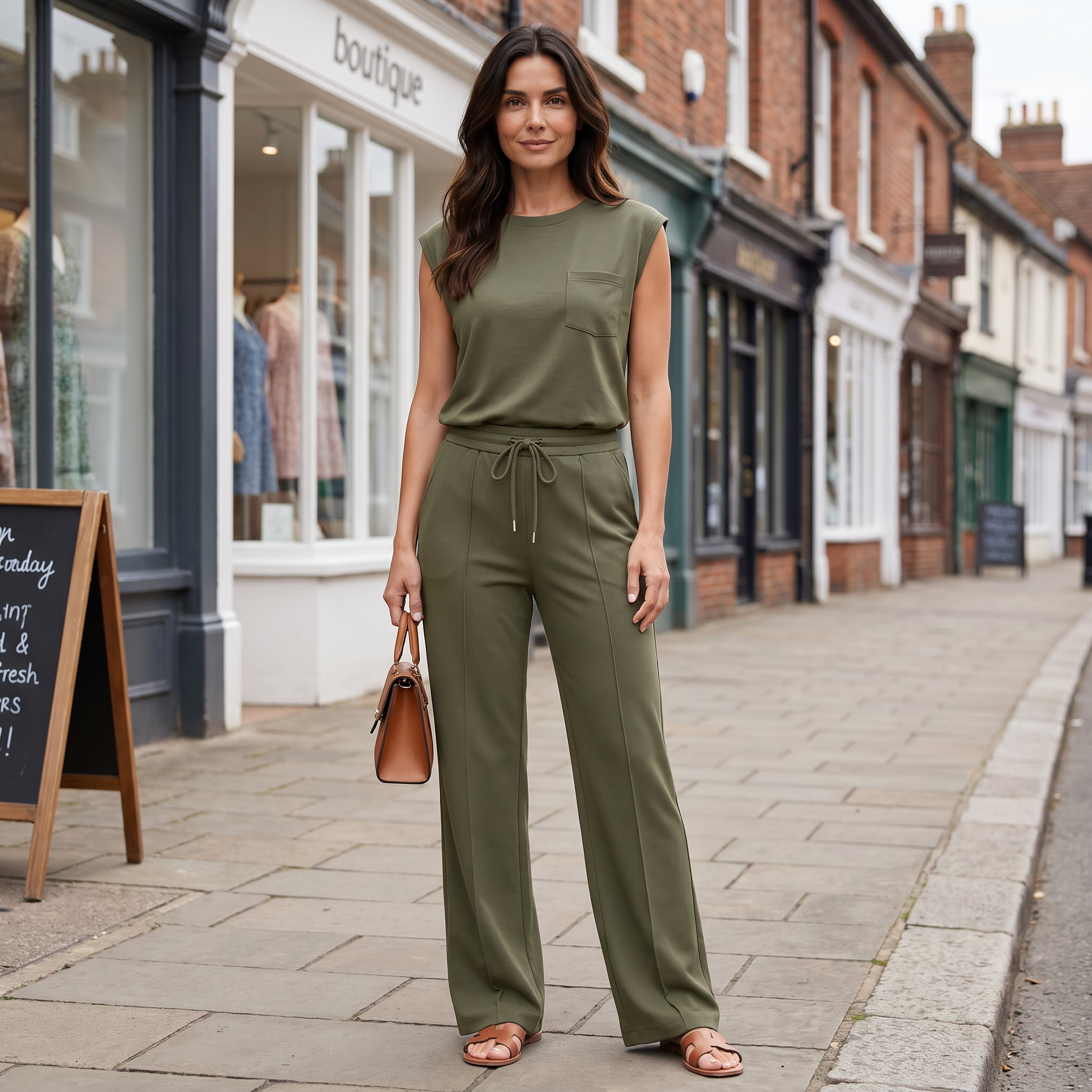 Women's army green co-ord lounge set with sleeveless top and matching trousers