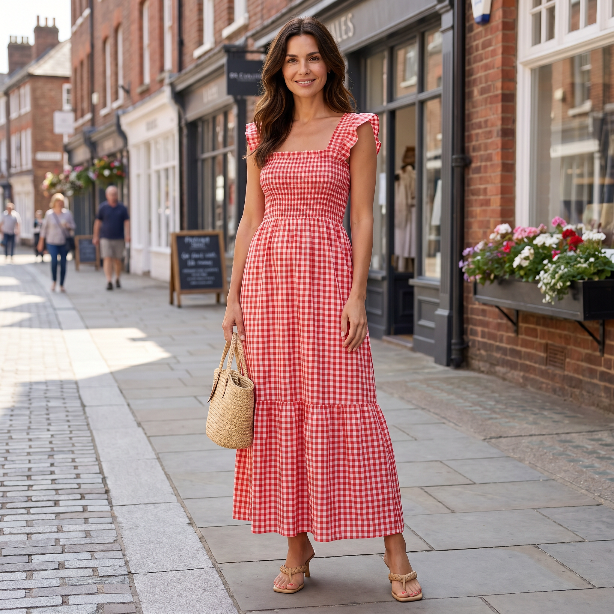 Women's red plaid flounce dress with smocked silhouette and elastic waist