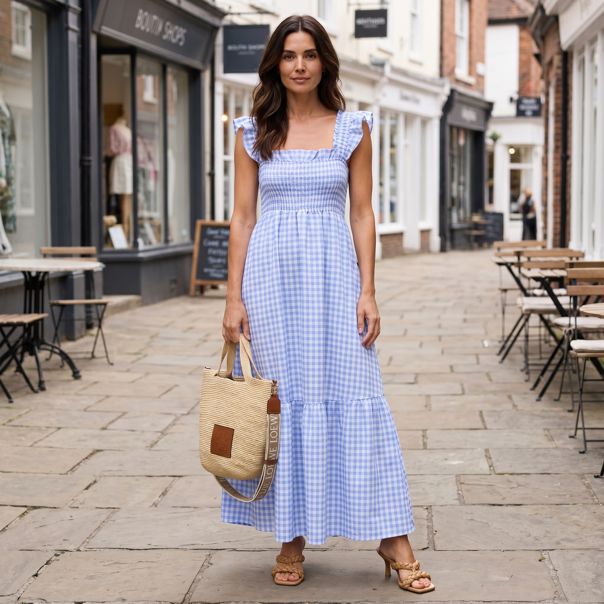 Women's sky blue plaid flounce smocked dress for casual everyday wear