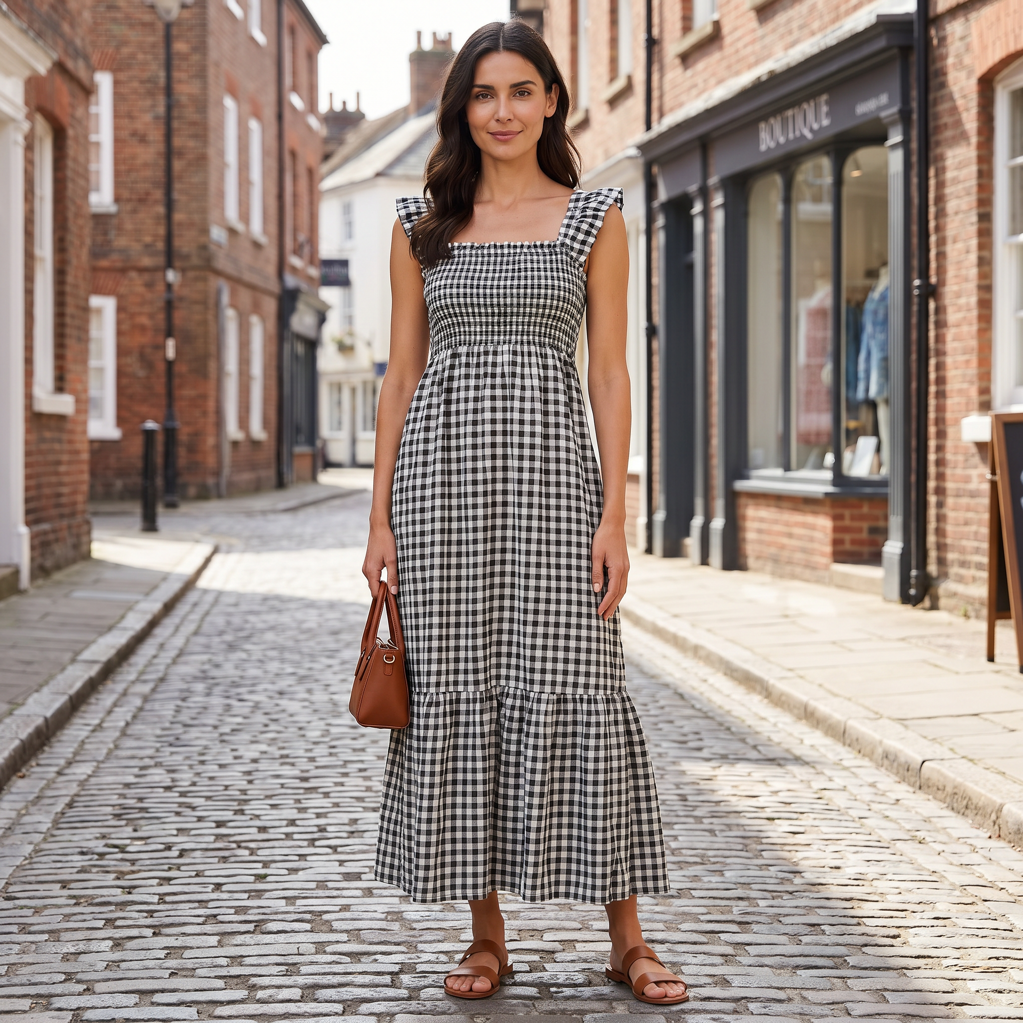Women's black plaid flounce smocked dress with elastic waist, casual everyday style