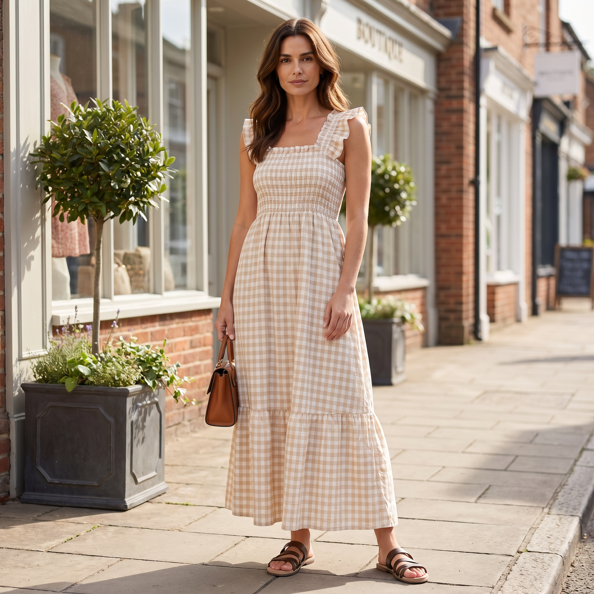 Women's off-white plaid flounce smocked dress in a relaxed casual style