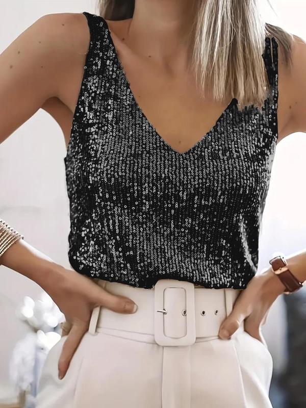 Women's fitted sleeveless party top with an all-over sequin design and soft inner lining