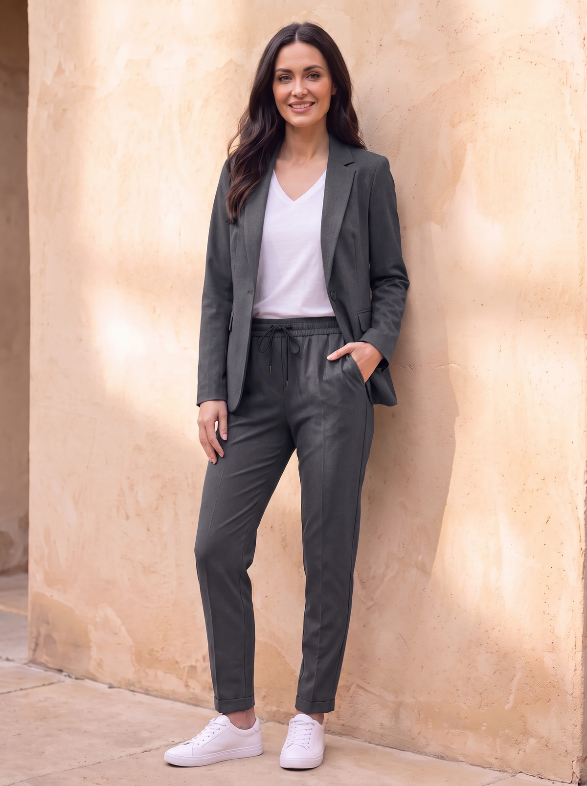 Women's blazer and jogger outfit