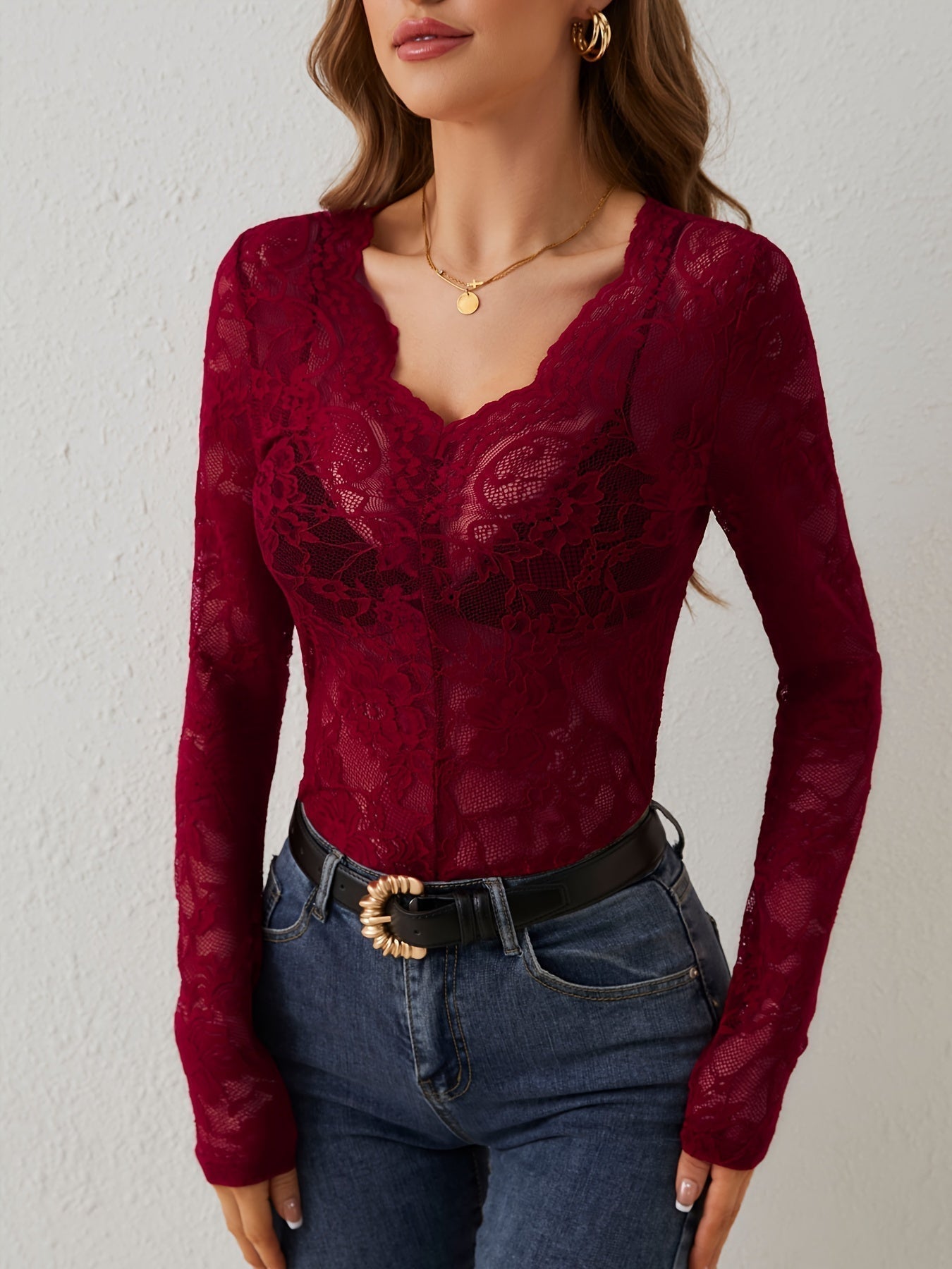 Women's V-neck lace bodysuit with long sleeve styling