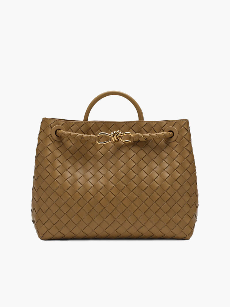 angled view showing woven texture and structured silhouette of tote
