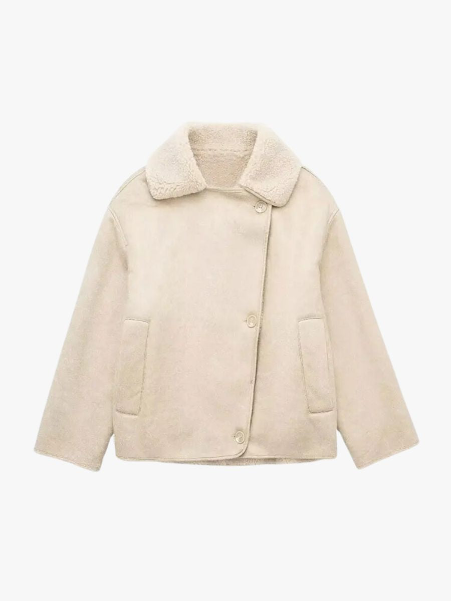 shearling oversized jacket with front zipper closure on model
