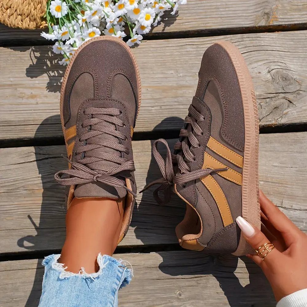 Women's brown earth lace-up casual sneakers, low-top PU upper, side view