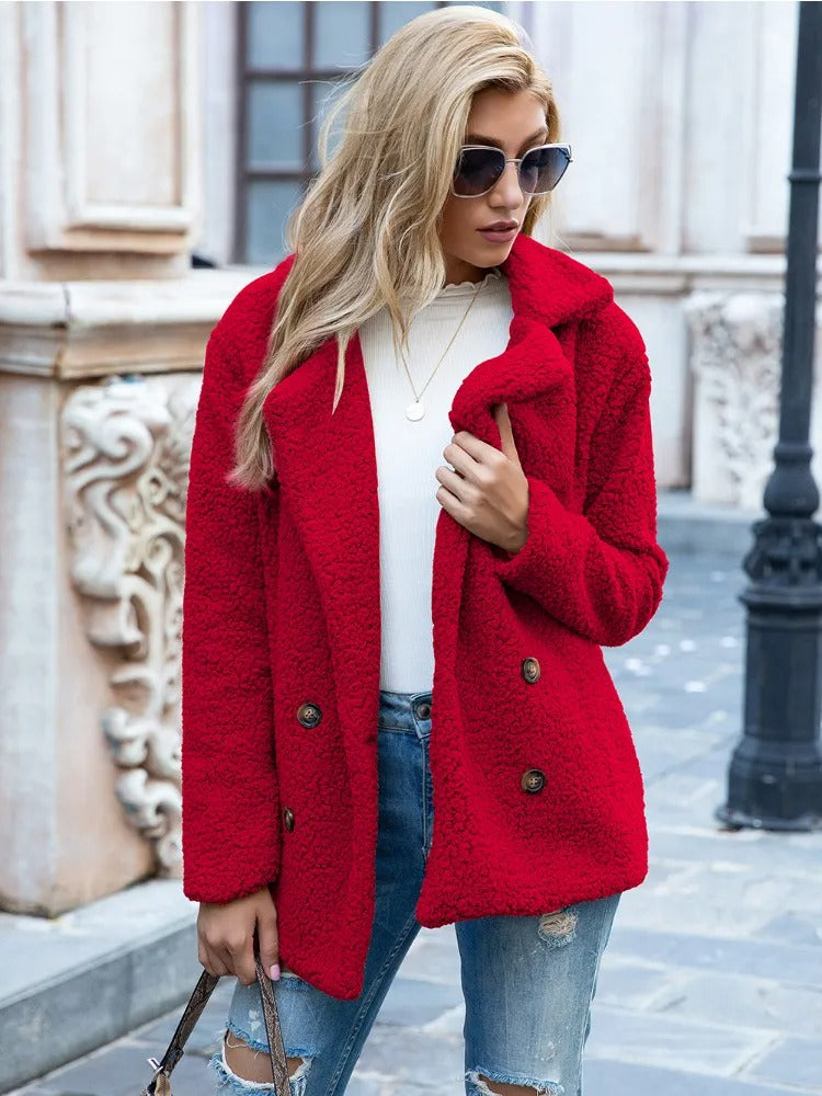 Fleece coat featuring double-breasted style and casual fit
