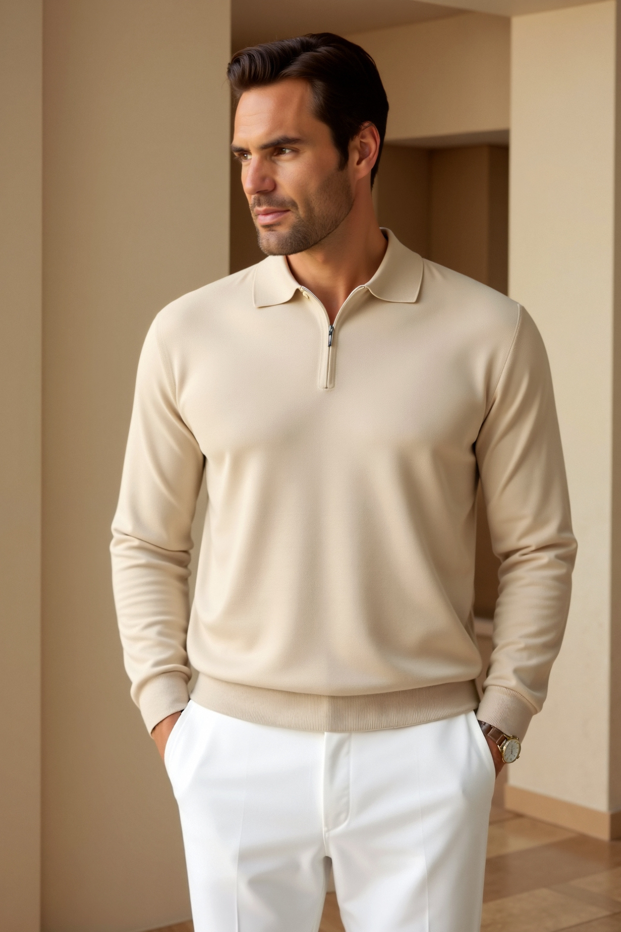 Stretch knit polo shirt with relaxed fit for men
