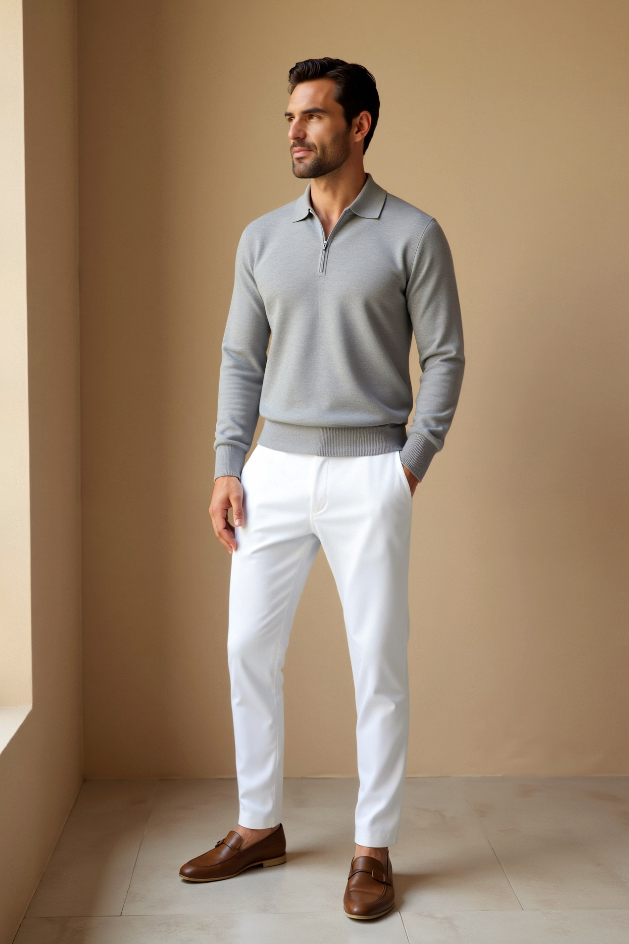 Men's polo shirt with stretch knit construction and relaxed fit
