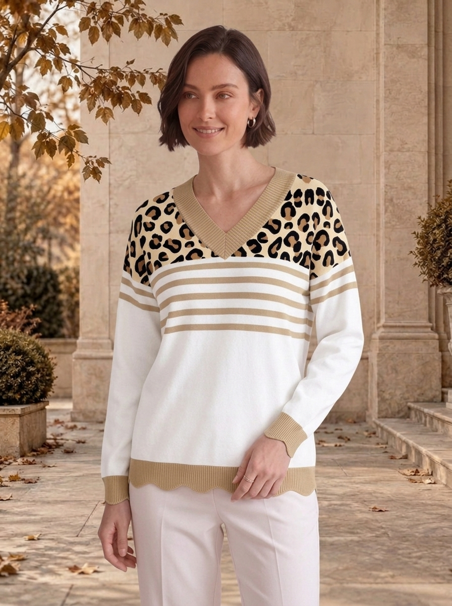 Women's leopard print and striped knit jumper