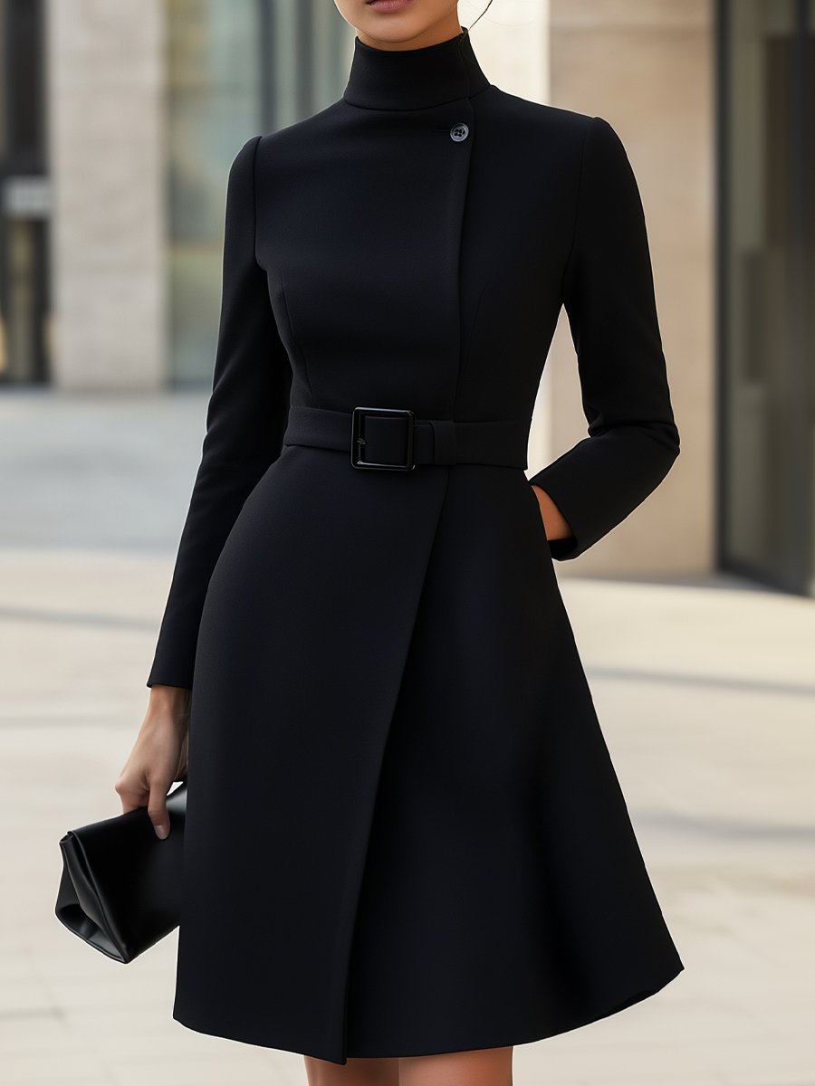 Women's black structured A-line dress with button fastening and adjustable belt, front view