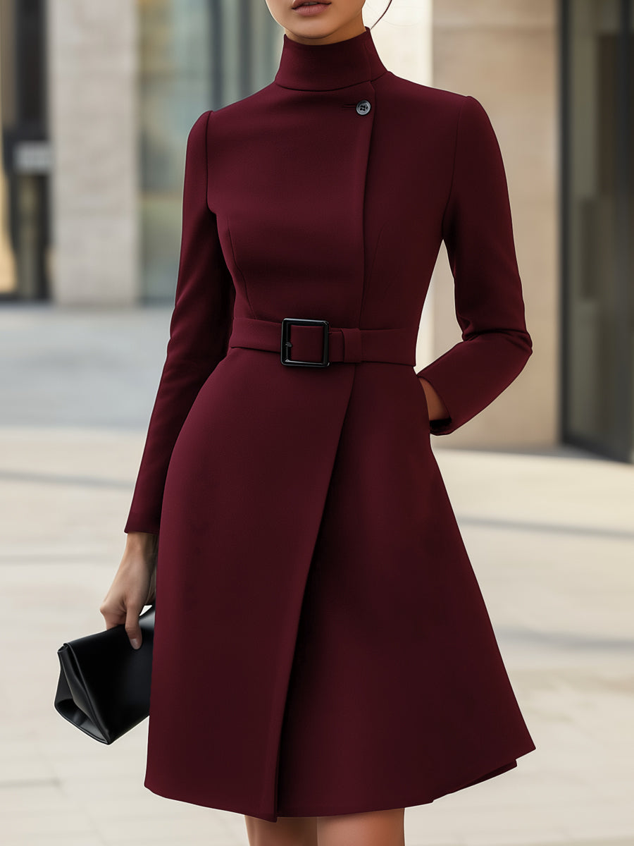 Women's red structured A-line dress with button fastening, adjustable belt, and high neckline, front view