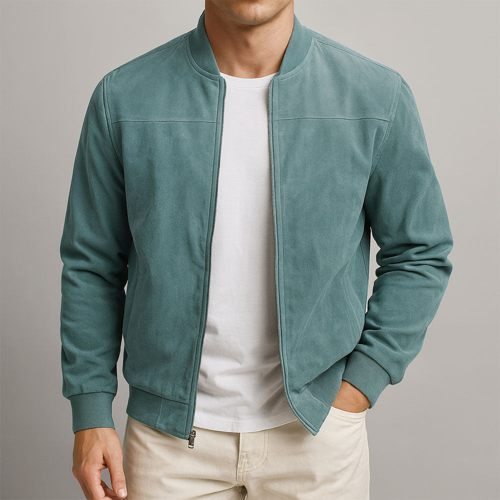 Slim-fit bomber jacket featuring suede fabric and ribbed knit trims for men
