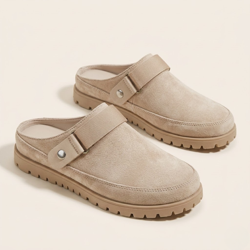 Front view of suede effect strap clogs for women