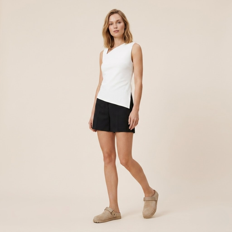 Angled front view of suede effect clogs