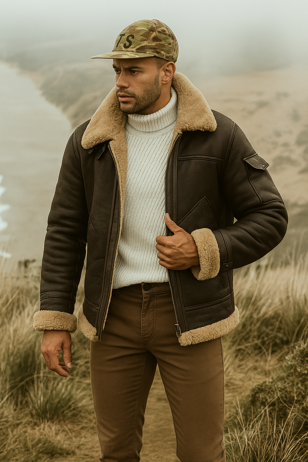 Relaxed fit aviator jacket in synthetic leather for men