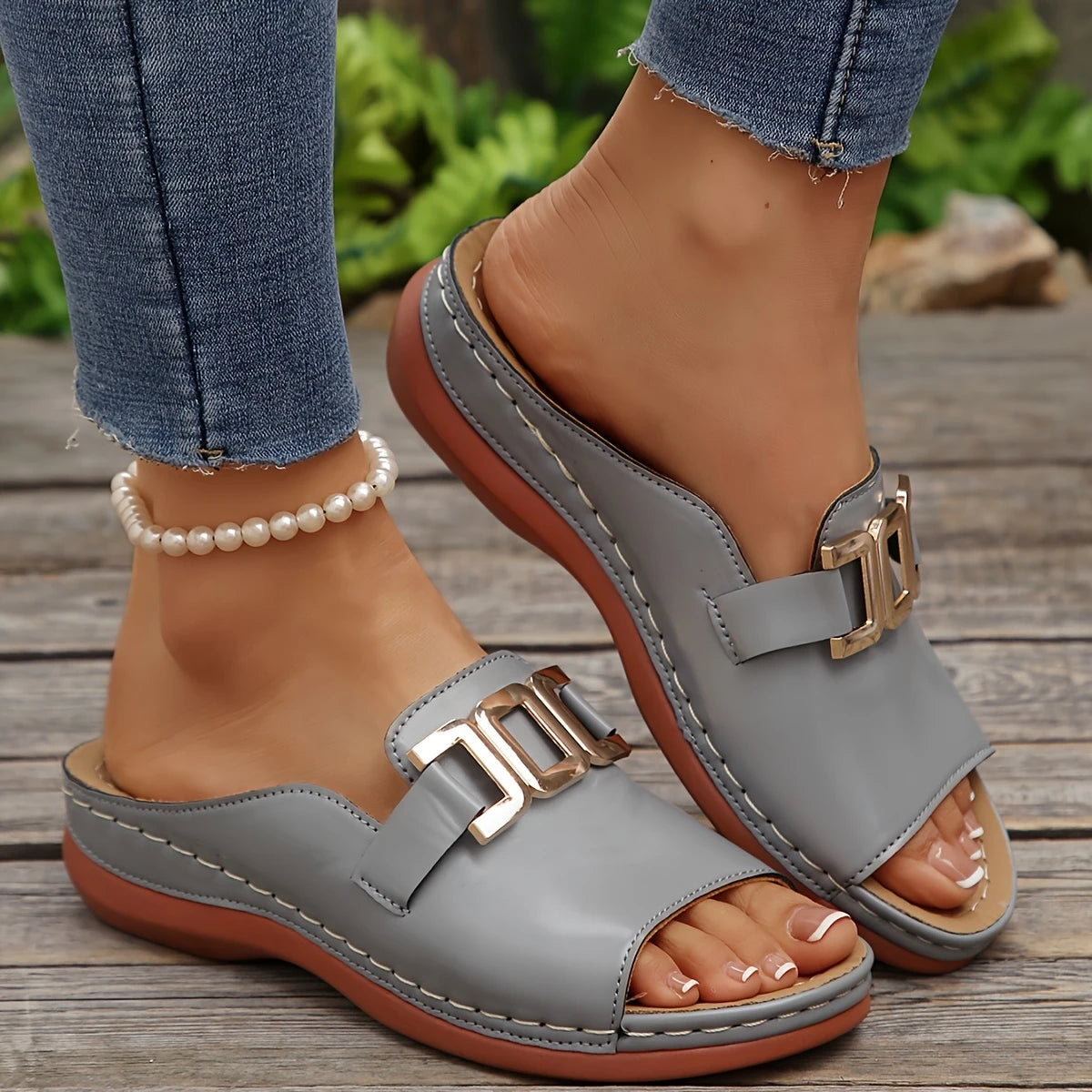 Women's casual platform sandals displayed from above showing strap layout
