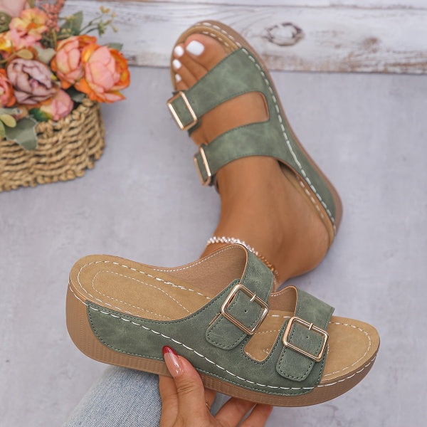 Pair of women's Boston-style slip-on sandals shown together, casual everyday footwear in PU upper