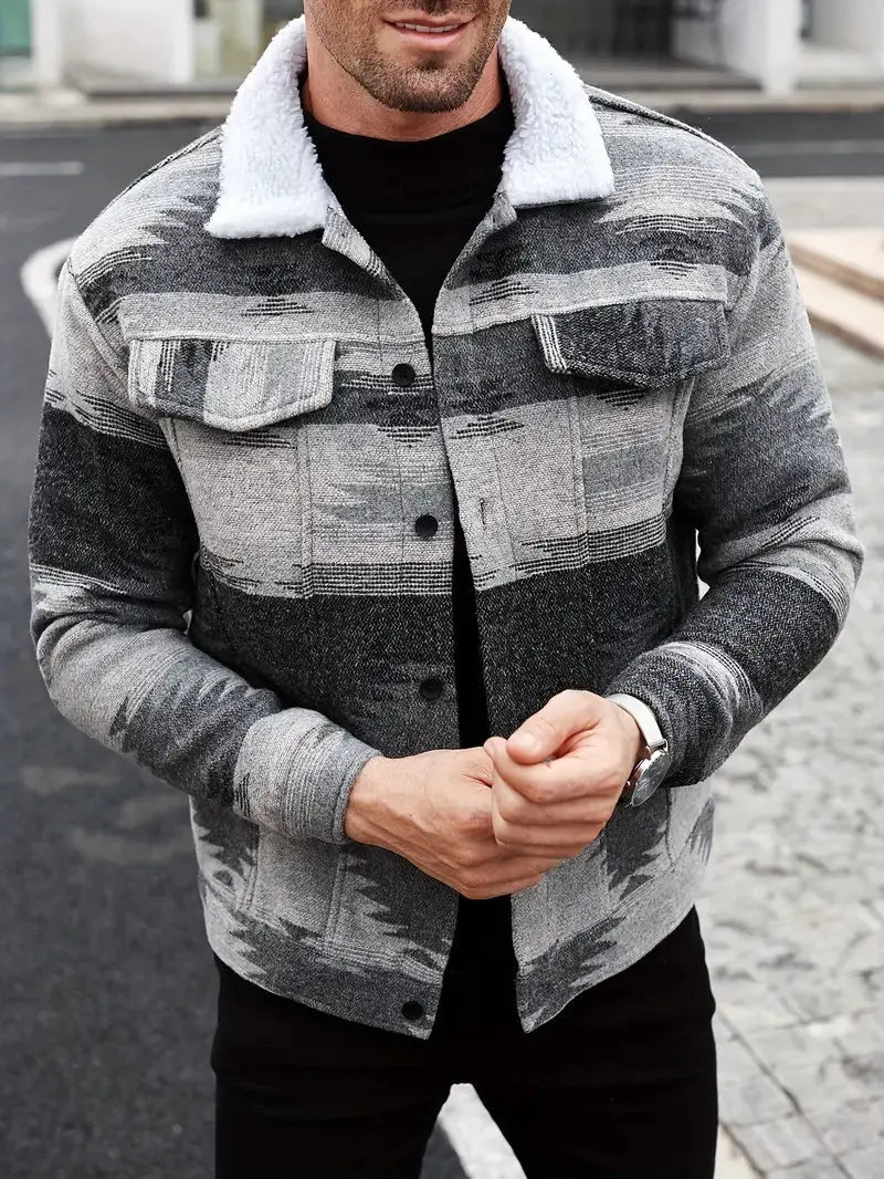 wool blend jacket front view with button closure and structured shoulders