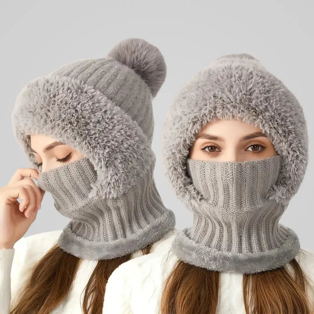 Knitted balaclava hat with faux fur trim and pom pom detail for women