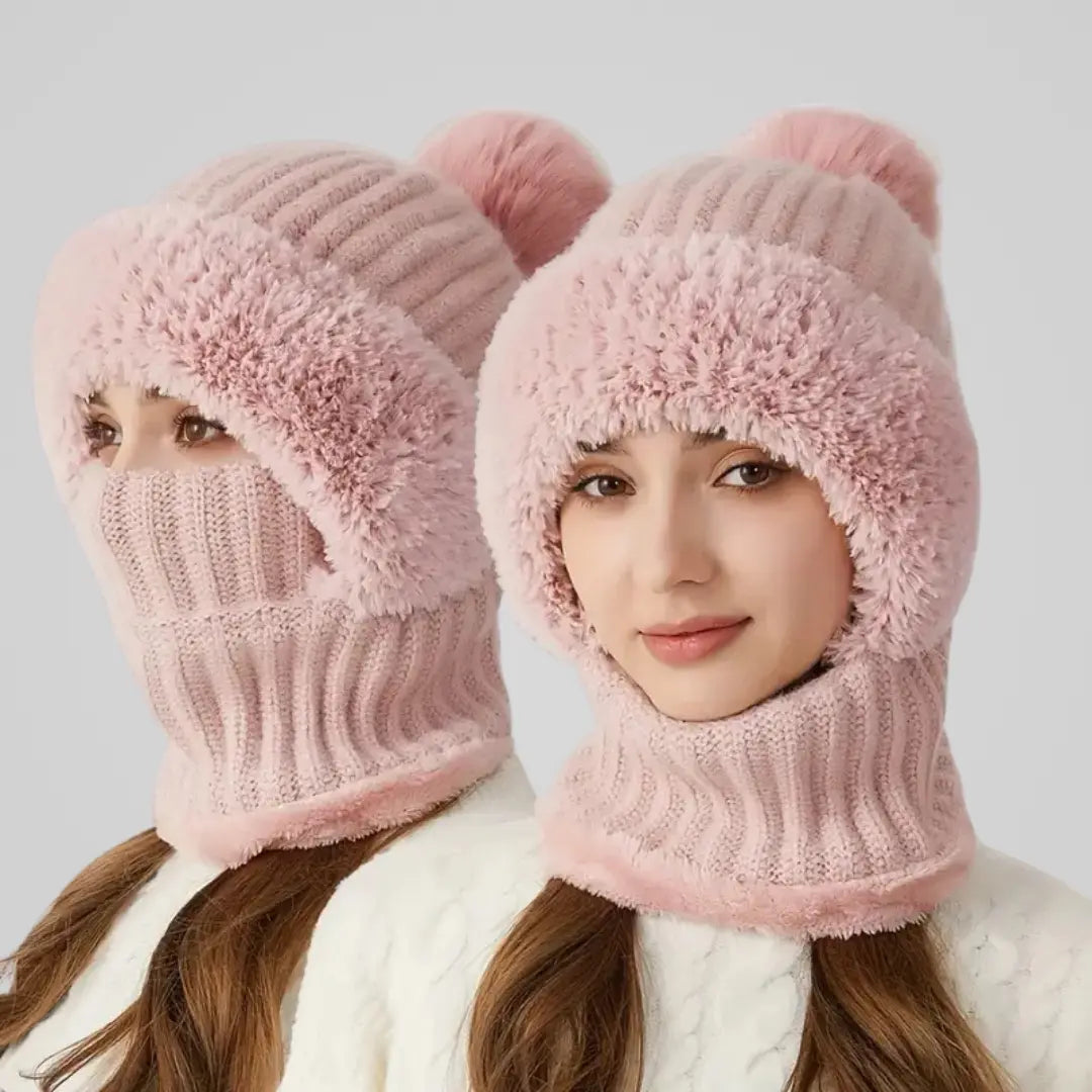 Ribbed knit balaclava with pull-up collar and faux fur edging