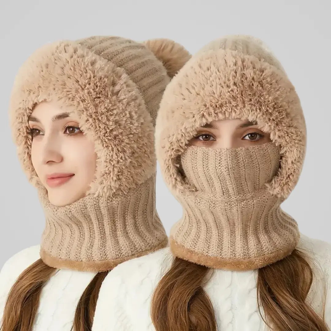 Full coverage winter balaclava with ribbed knit and fur detail