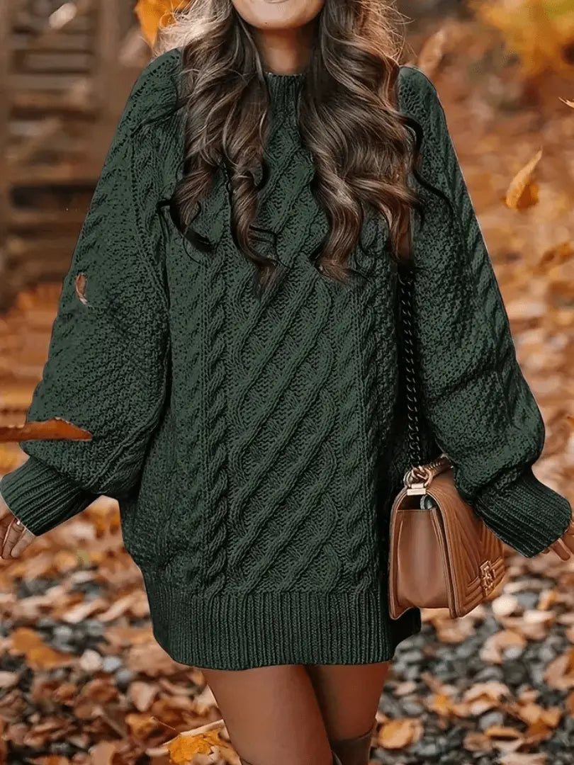 knit sweater dress with textured cable pattern detail close up view