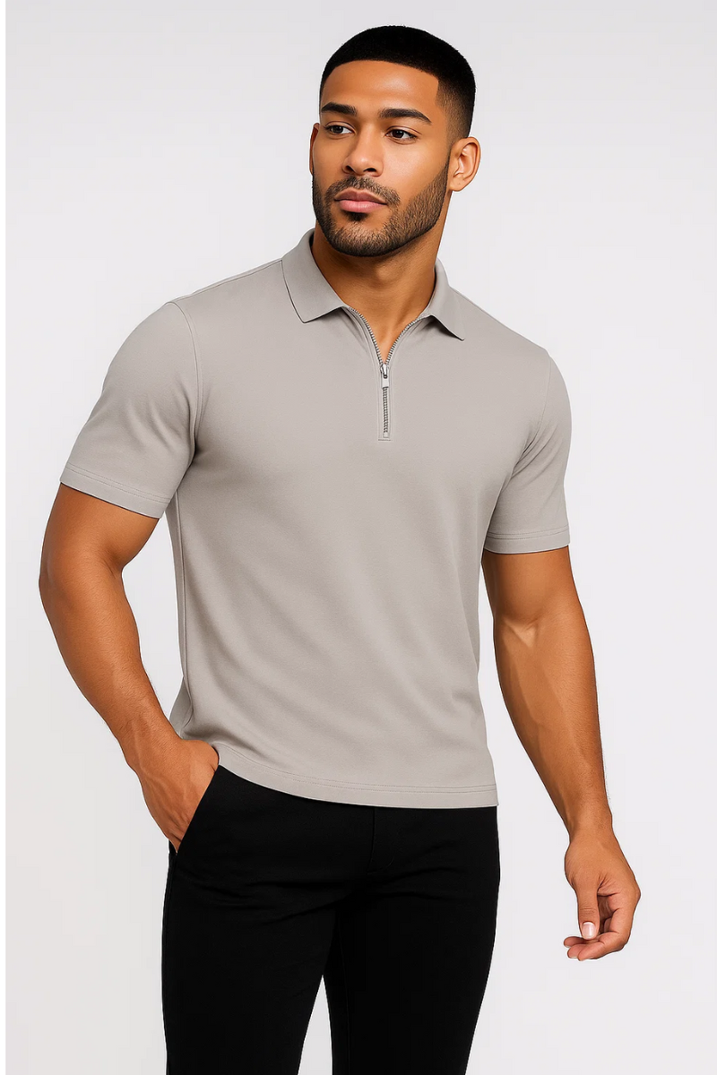 Polo Zippé Coupe Slim Gris Clair Homme