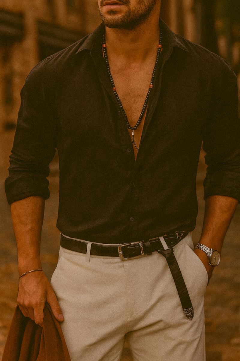 Chemise Lin Slim Fit & Col Coréen Homme