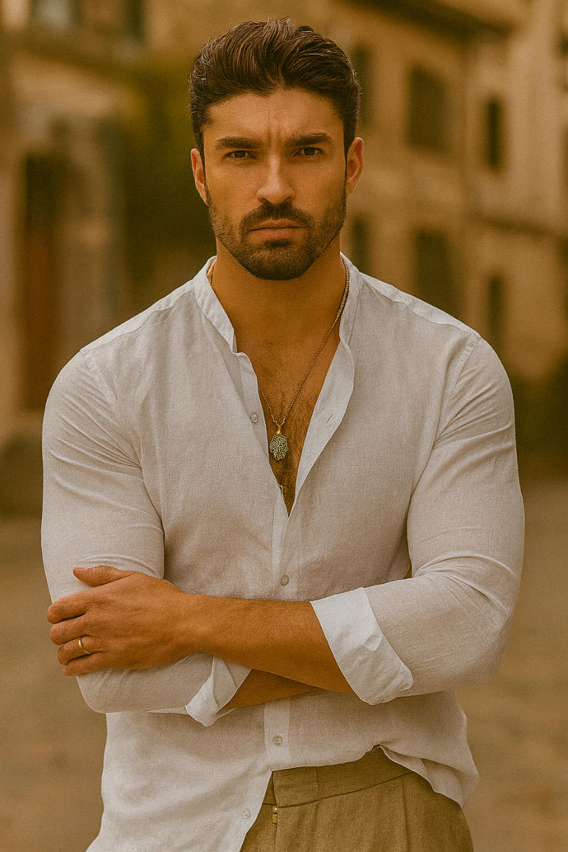 Chemise Lin Slim Fit & Col Coréen Homme