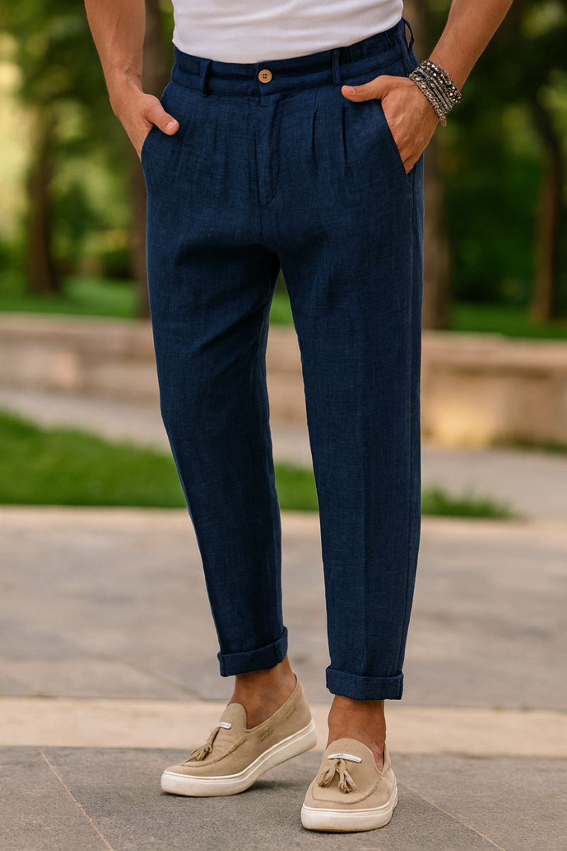 Pantalon en Lin Slim Fit Bleu Homme