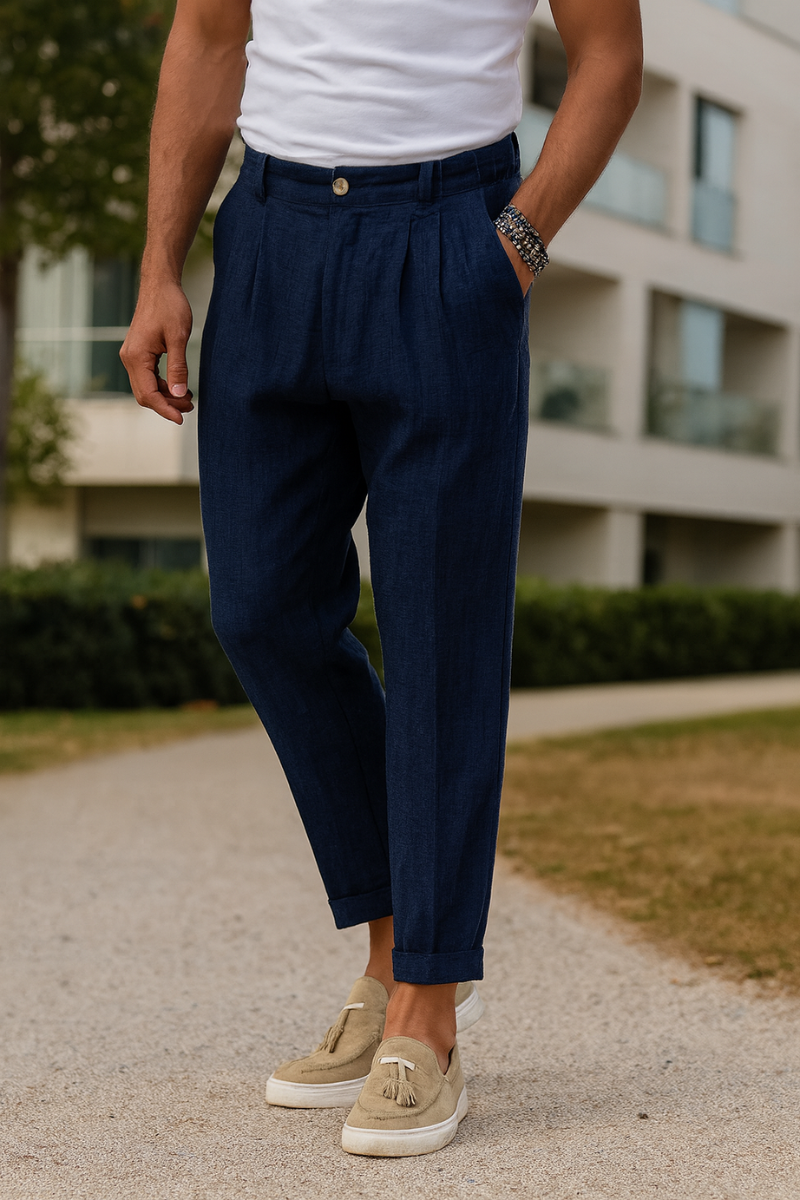 Pantalon en Lin Slim Fit Bleu Homme