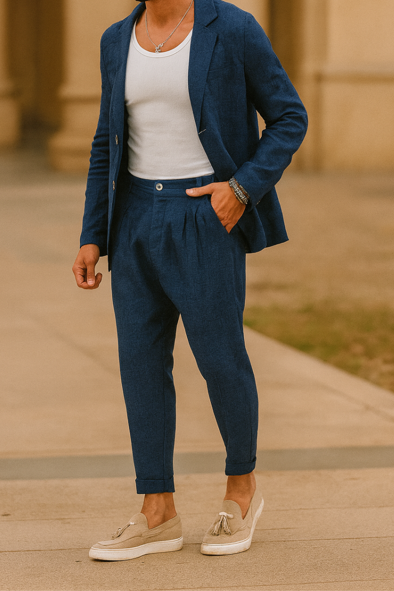 Pantalon en Lin Slim Fit Bleu Homme