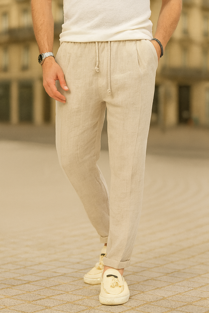 Pantalon Lin 100% Beige Décontracté Homme