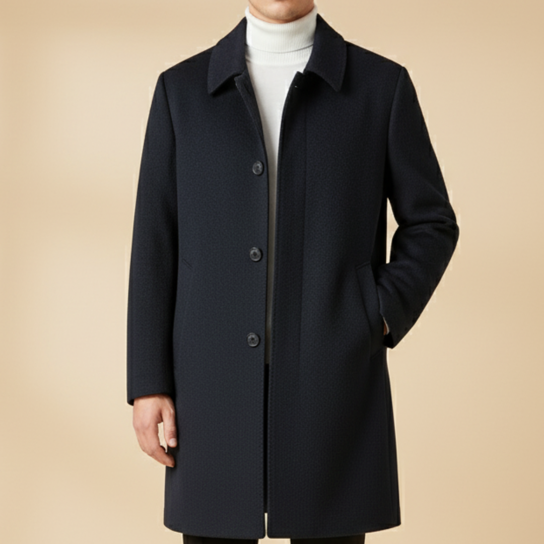 wool blend overcoat with button closure on standing model front view