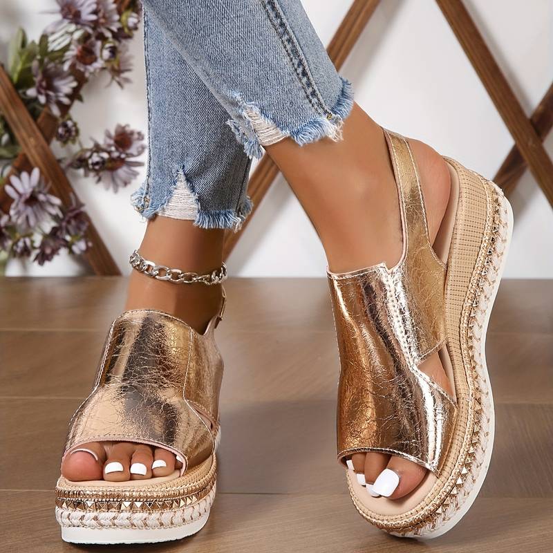 Women's platform wedge sandals in Solar Gold with slip-on open-toe design and platform sole