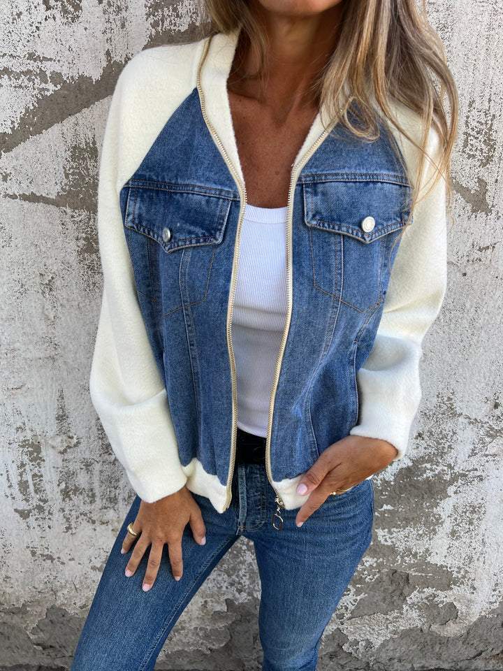 Veste Zippée en Jean avec Manches Contrastées Femme