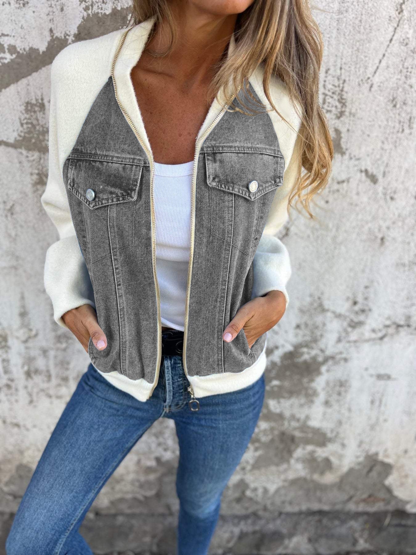 Veste Zippée en Jean avec Manches Contrastées Femme