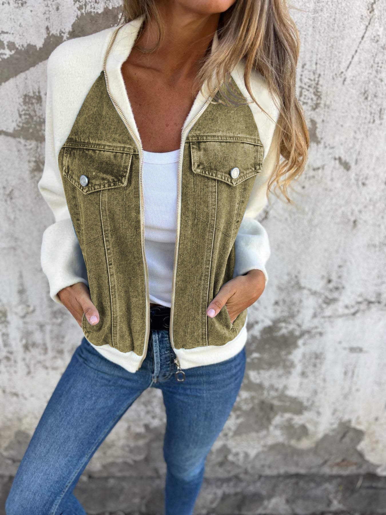 Veste Zippée en Jean avec Manches Contrastées Femme