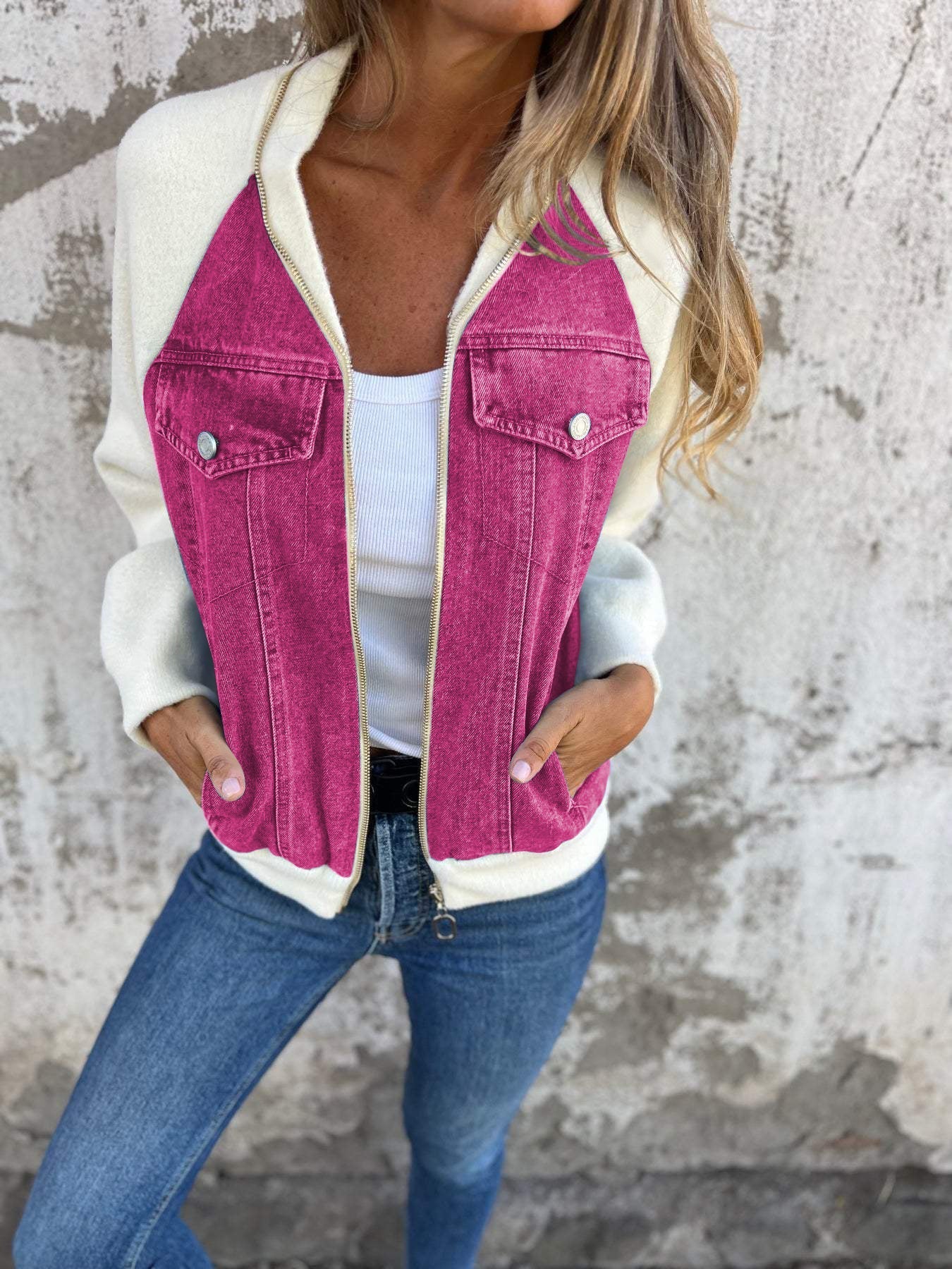 Veste Zippée en Jean avec Manches Contrastées Femme