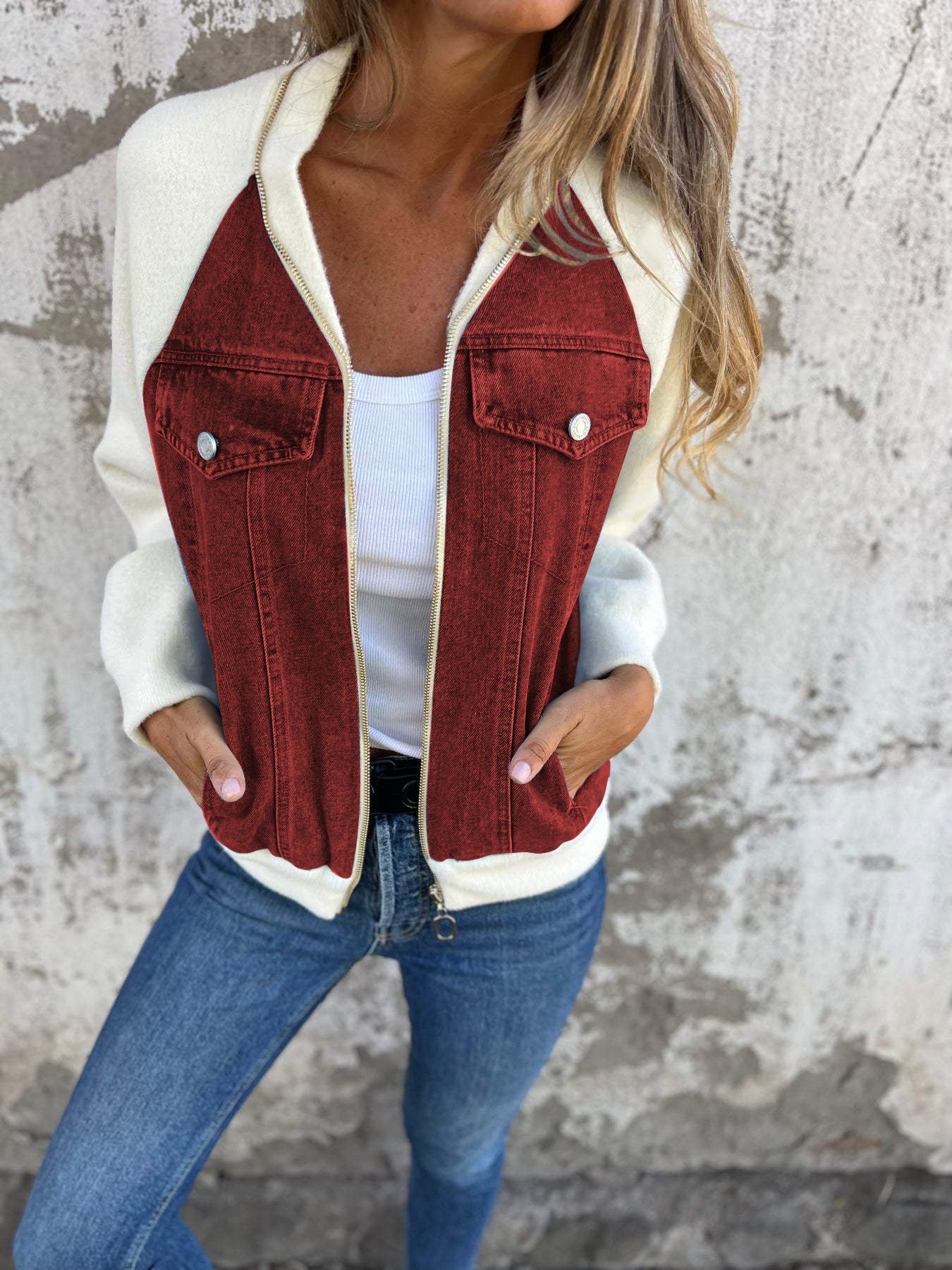 Veste Zippée en Jean avec Manches Contrastées Femme