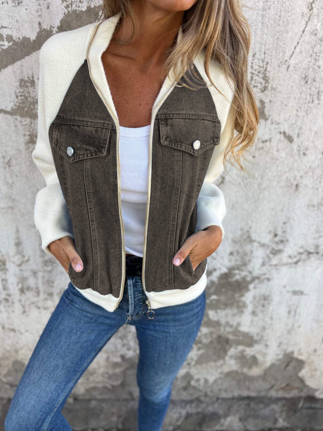 Veste Zippée en Jean avec Manches Contrastées Femme