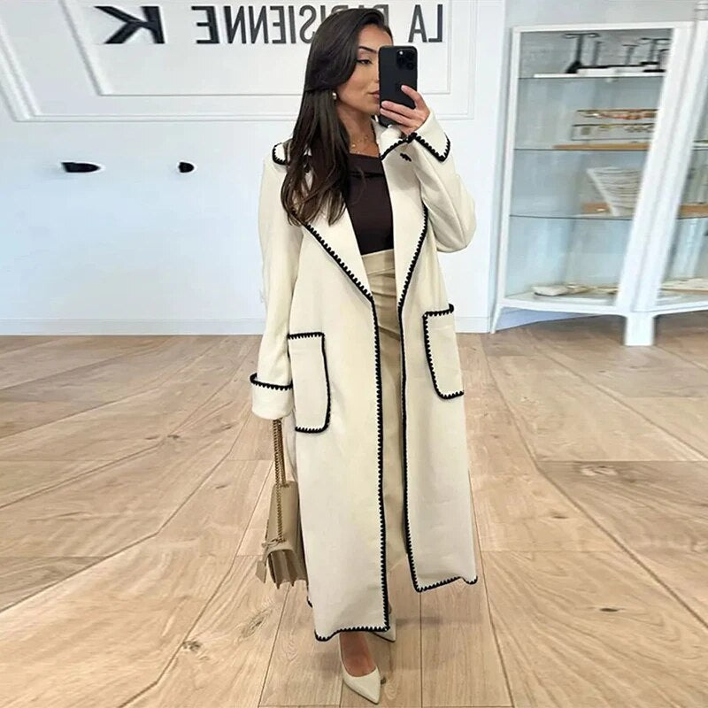 Manteau Long à Finitions Contrastées Femme