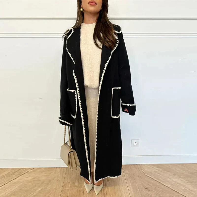 Manteau Long à Finitions Contrastées Femme