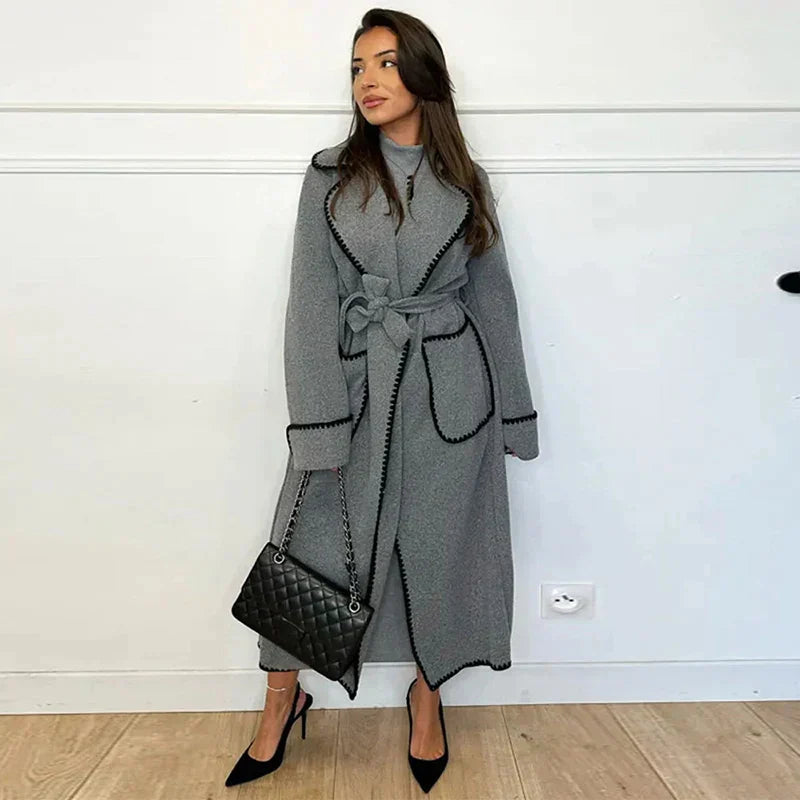 Manteau Long à Finitions Contrastées Femme