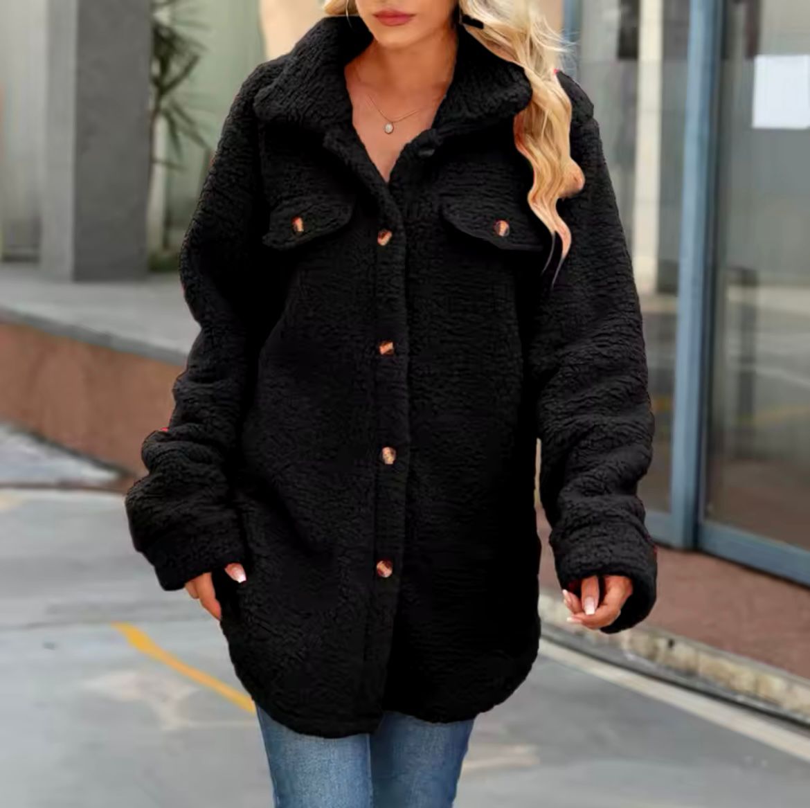 Manteau Long en Peluche avec Fermeture à Boutons Coupe Slim Femmemme