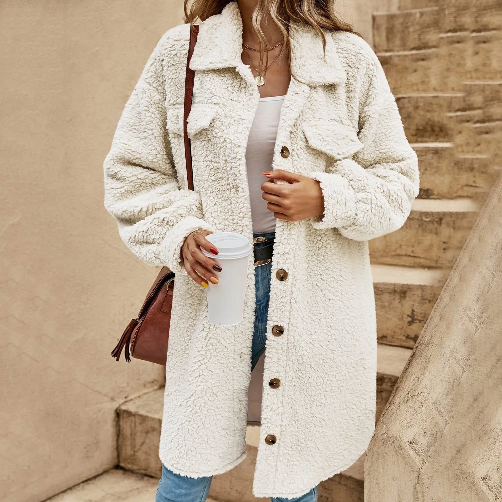 Manteau Long en Peluche avec Fermeture à Boutons Coupe Slim Femmemme